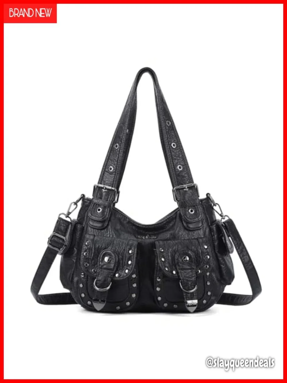 Y2K Hobo Bag Multi Pocket Studded Vegan Leather Shoulder Tote
